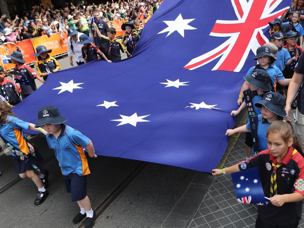 Kids at an Australia Day parade in Melbourne. Picture: David Crosling