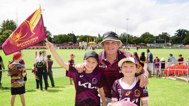 Steven Wallace with his sons Stevie (left) and Mason Wallace at the Brisbane Broncos Captain's Run and Toowoomba Fan Day at Toowoomba Sports Ground, Saturday, February 15, 2025. Picture: Kevin Farmer