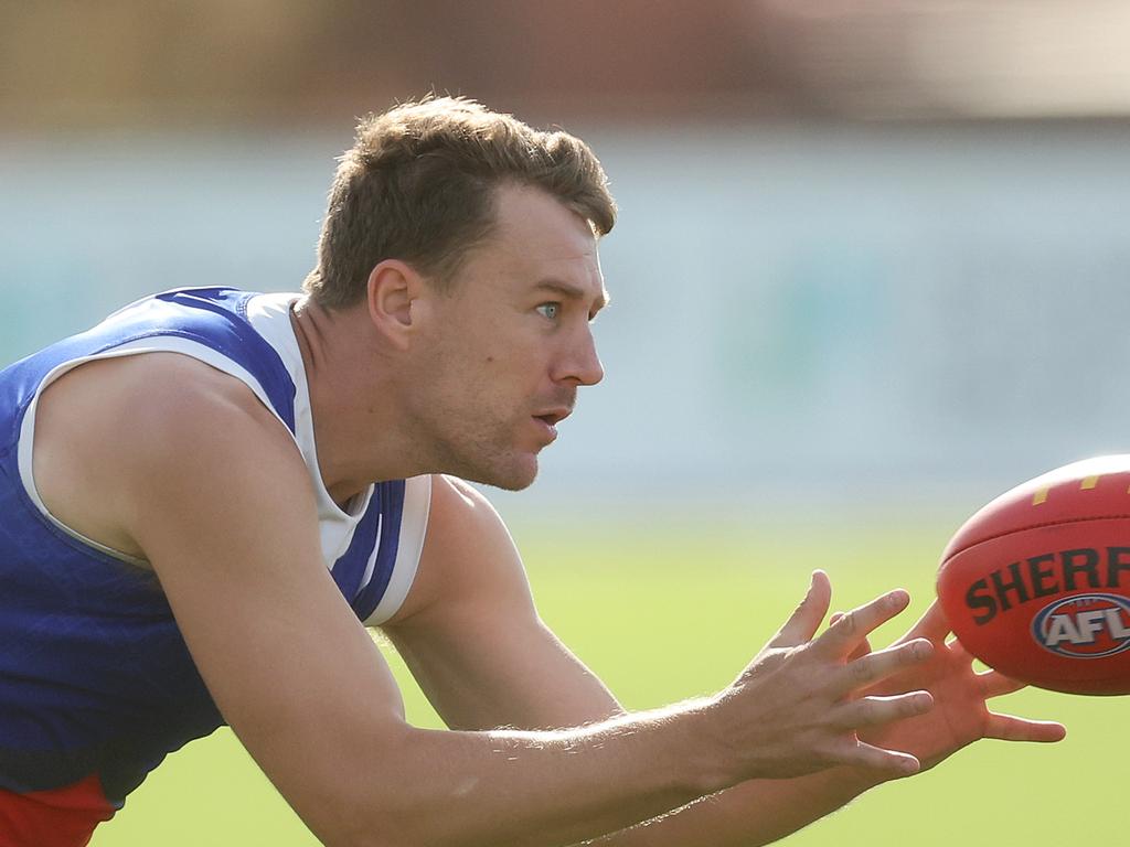 MELBOURNE, AUSTRALIA - MARCH 20: Jack Macrae of the Bulldogs in action during a Western Bulldogs AFL training session at Whitten Oval on March 20, 2024 in Melbourne, Australia. (Photo by Daniel Pockett/Getty Images)