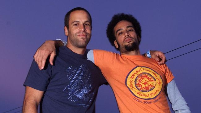 Music brothers Ben Harper with Jack Johnson in Broken Hill in 2003. Picture: NCA.