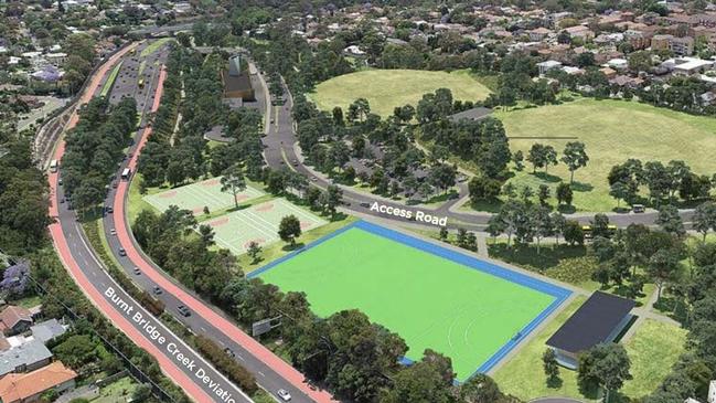 An artist's impression from the Beaches Link Community Update document released in November 2019 showing the proposed Access Road and proposed community open space to be created from the Balgowlah golf course. Picture: Transport for NSW