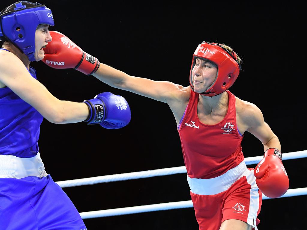 Anja Stridsman lands a right hand against Paige Murney of England on her way to winning gold. Picture:  AAP Image/Dave Hunt