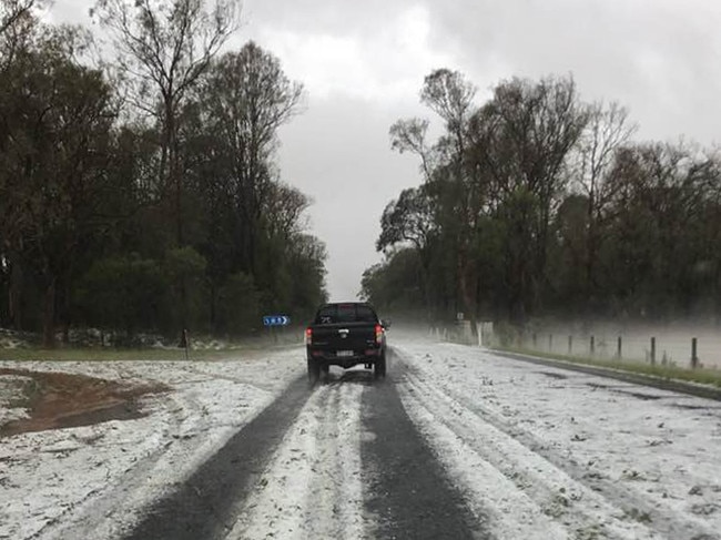 11/10/2018 Facebook photo showing hail in Coolabunia, 153km north of Toowoomba. Source: Leonie Bartlett