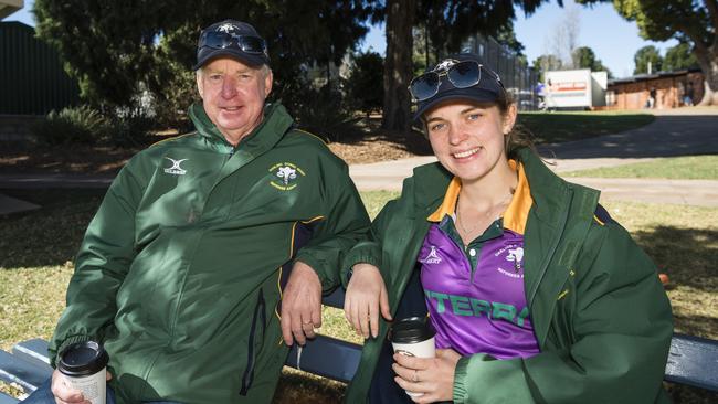 Darling Downs Rugby referees Peter Buchanan and Neve O'Dempsey catch a break on Grammar Downlands Day at Toowoomba Grammar School, Saturday, August 19, 2023. Picture: Kevin Farmer