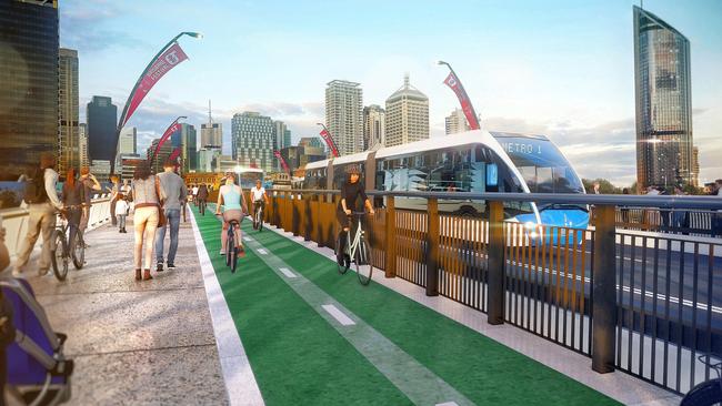 Design for the ‘green’ Victoria Bridge, converting it to three lanes on-road for Brisbane Metro vehicles and buses with a dedicated off-road cyclist and pedestrian path, following public consultation.