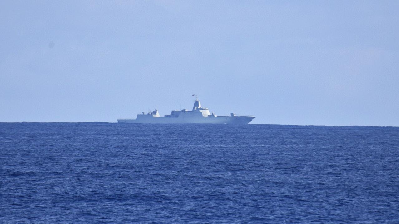 A Chinese Warship south of Tasmania, inside the Australian EEZ, and moving west, as seen from New Zealand's HMNZS Te Kaha and Seasprite helicopter. Picture: New Zealand Defence Force