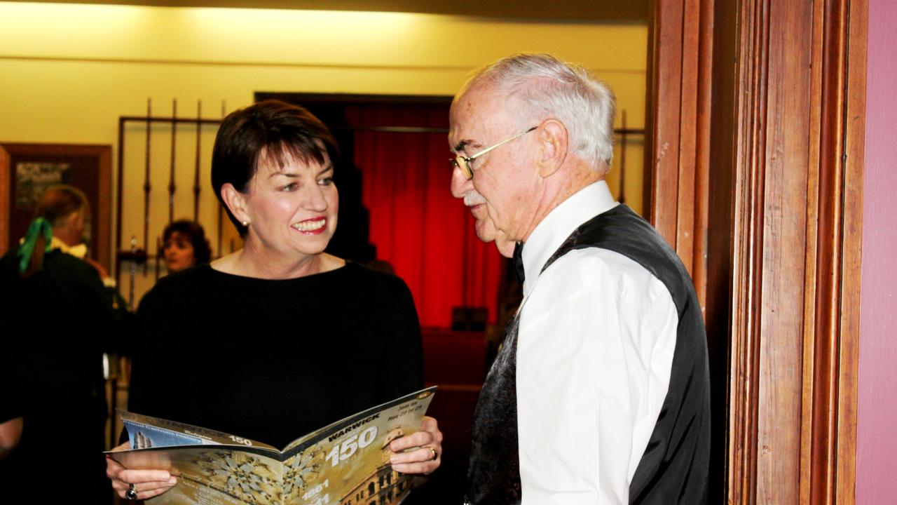 Former Queensland premier Anna Bligh and former Warwick and Southern Downs Mayor Ron Bellingham at Warwick’s 150th birthday celebrations. Photo Kerri Moore.