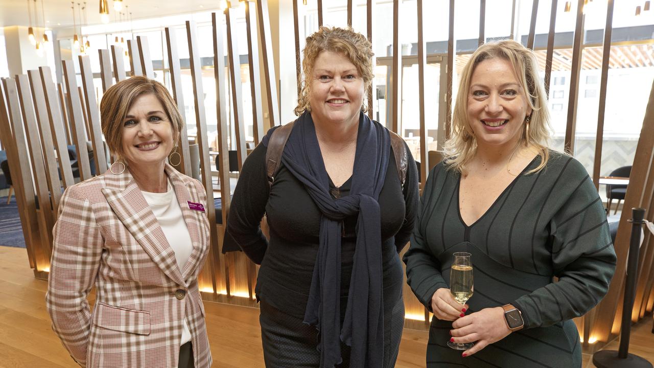 (L-R) Linda Collins, Hobart Lord Mayor Anna Reynolds and Alexia Kalis during the opening of the Crowne Plaza Hotel at Hobart. Picture Chris Kidd