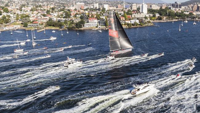 Wild Oats XI sails up the Derwent River in Tasmania to claim line honours in the 2018 Sydney to Hobart. Picture: Rolex/Studio Borlenghi