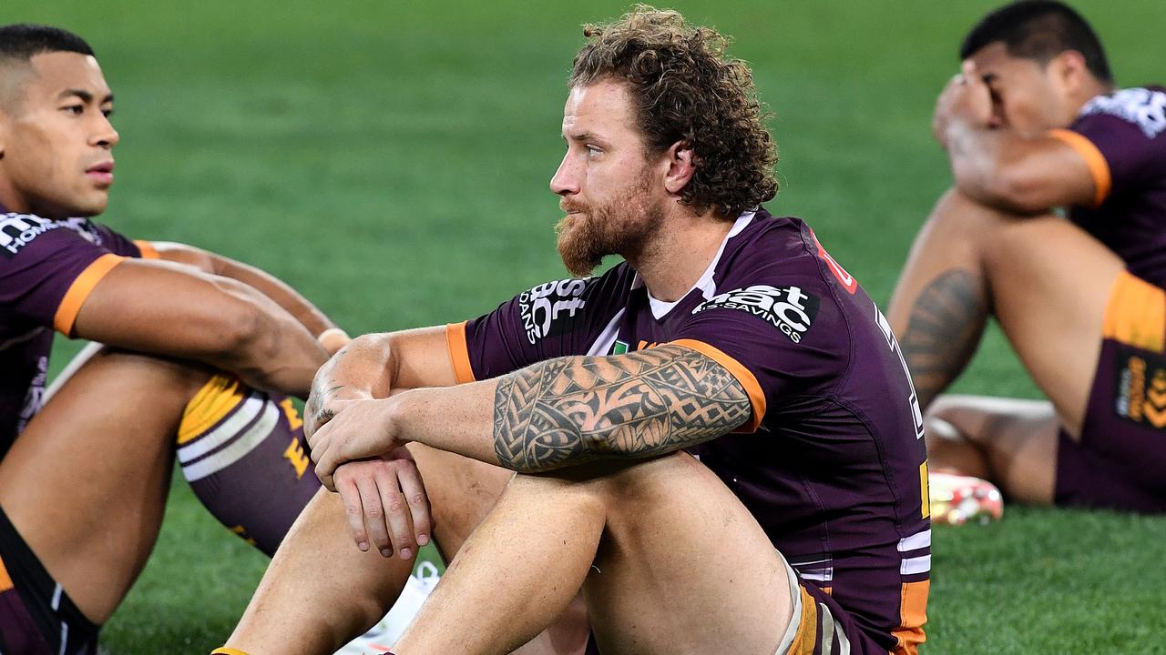Korbin Sims reacts to Brisbane’s shock finals loss on Sunday.
