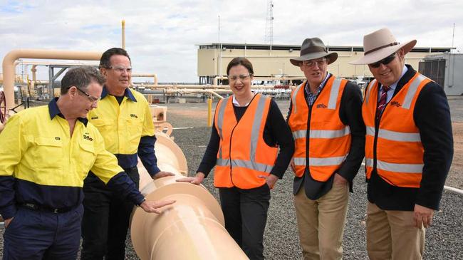 Premier Annastacia Palaszczuk at the opening of the Reedy Creek Pipeline in Wallumbilla. Pictured with her are, from left, APA CEO Mick McCormack, APA chairman Michael Fraser, Dr Anthony Lynham and Mayor Tyson Golder. Picture: Alexia Austin