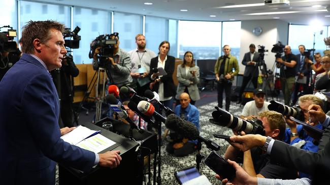 Porter during his grilling by the media. Picture: Getty Images