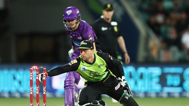 D’Arcy Short is run out by Jos Buttler, ending a mighty opening stand. Picture: Getty