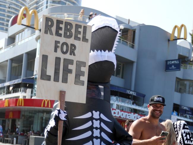 PROTEST: Extinction Rebellion protest in Surfers Paradise. 2 men arrested after a fight broke out. Picture: NIGEL HALLETT