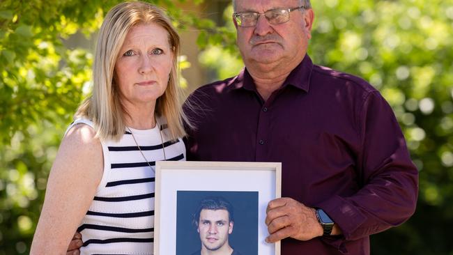 Paul and Lyn Callinan in Gladstone Park are speaking out after their 21-year-old son, Steven, took his own life following a drug and alcohol bender post a footy game in Torquay. Picture: Jason Edwards