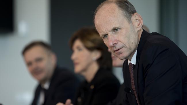 ANZ's CEO Shayne Elliott with Suncorp's CEO Steve Johnston and Suncorp chair Christine McLoughlin. Picture: Arsineh Houspian