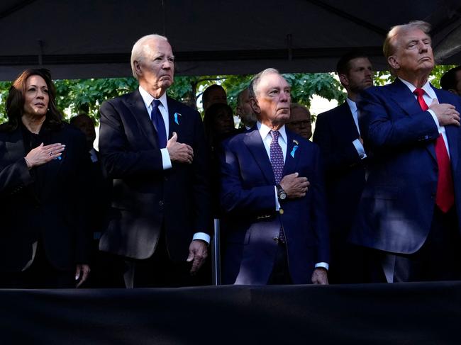 Vice President Kamala Harris, US President Joe Biden, former New York mayor Michael Bloomberg, and former president Donald Trump attend a remembrance ceremony on the 23rd anniversary of the September 11 terror attack on the World Trade Center at ground zero. Picture: Adam Gray (AFP)