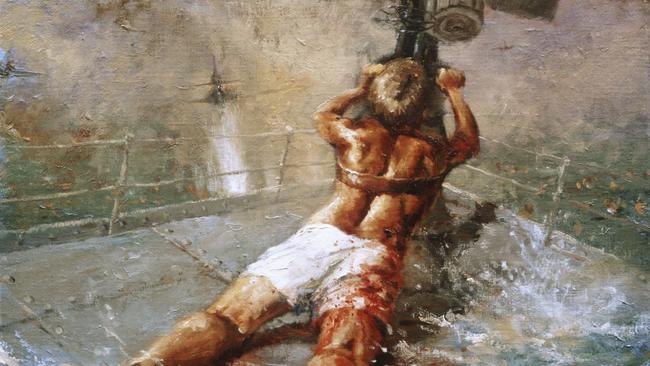 Dale Marsh's painting of Teddy Sheean, who lashed himself to his gun and fired until the HMAS Armadale sank. He gave others time to get away. Pic Australian War Memorial.