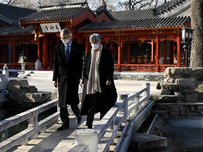 Australian Foreign Minister Penny Wong meets with Australian Ambassador to China Graham Fletcher in Beijing. Picture: AAP Image/Lukas Coch/POOL NCA NewsWire