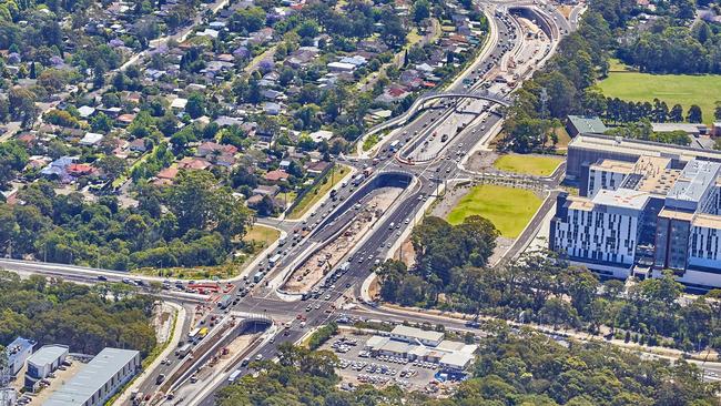 An aerial view of construction work on the Warringah Rd underpass. Picture: Transport for NSW