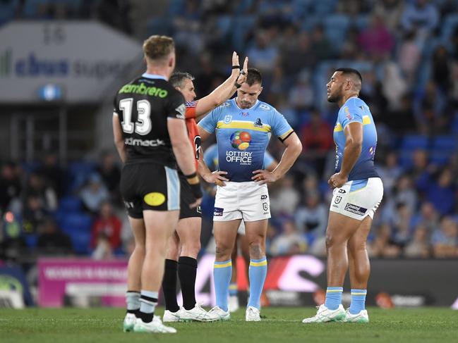 Titans prop Moeaki Fotuaika was sin-binned for a high shot. Picture: NRL Imagery