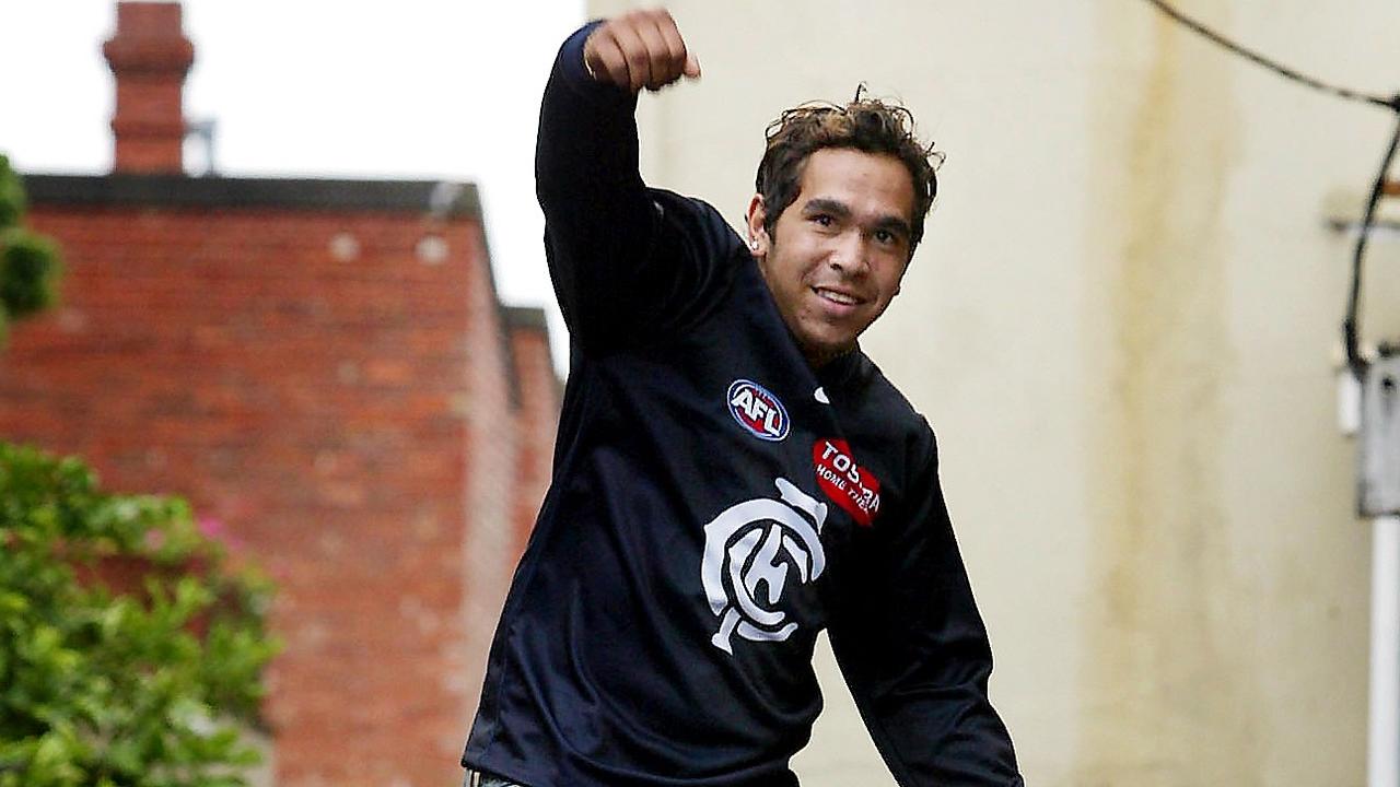 A young Eddie Betts jumps for joy after being picked by Carlton.