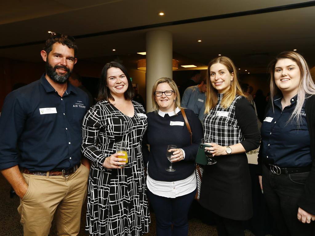 The Old Woolstore has a new bike washing service with a growth in tourism. To celebrate, drinks were held for stakeholders. (L-R) Greg Ross of Richmond, Chelsea Bell of Lindisfarne, Emily Hopwood of New Town, Sam Skillern of Lenah Valley, Nicole Wilson of Sorell. Picture: MATT THOMPSON