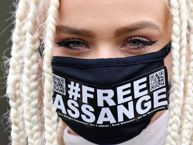 Nina, a supporter of WikiLeaks founder Julian Assange, outside court in London. Picture: AFP