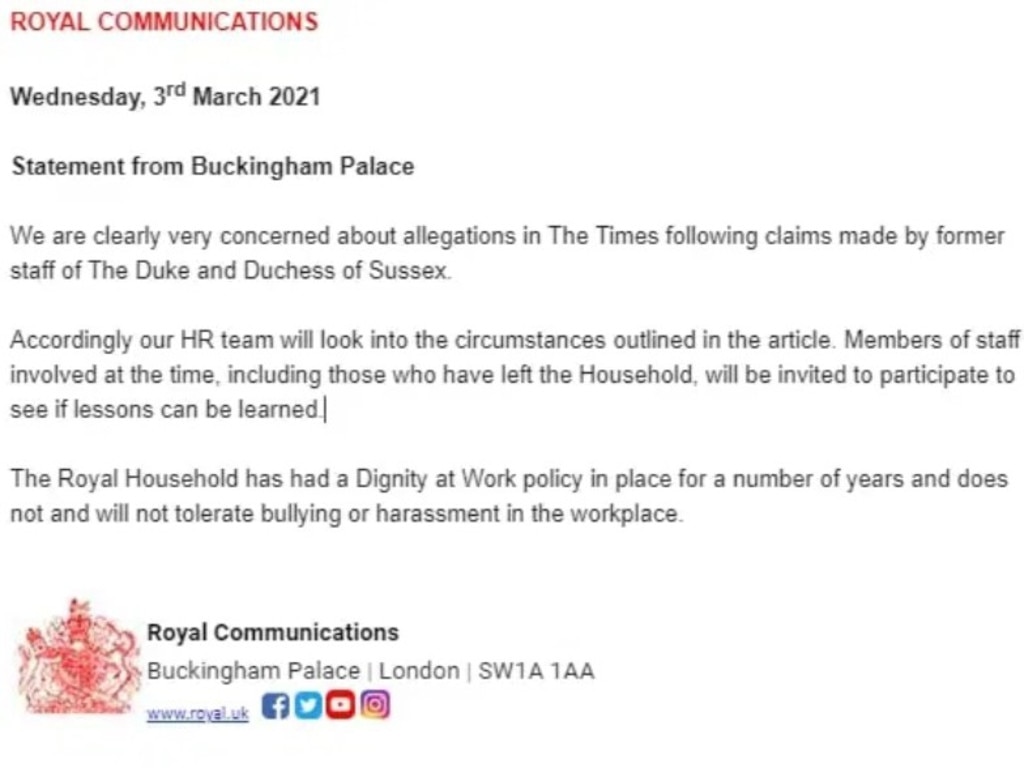 Buckingham Palace statement released on Wednesday, March 3, 2021.