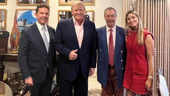 Australian Holly Valance and her husband Nick Candy (left) dined with former US president Donald Trump and conservative former British politician Nigel Farage in 2022. Picture: X