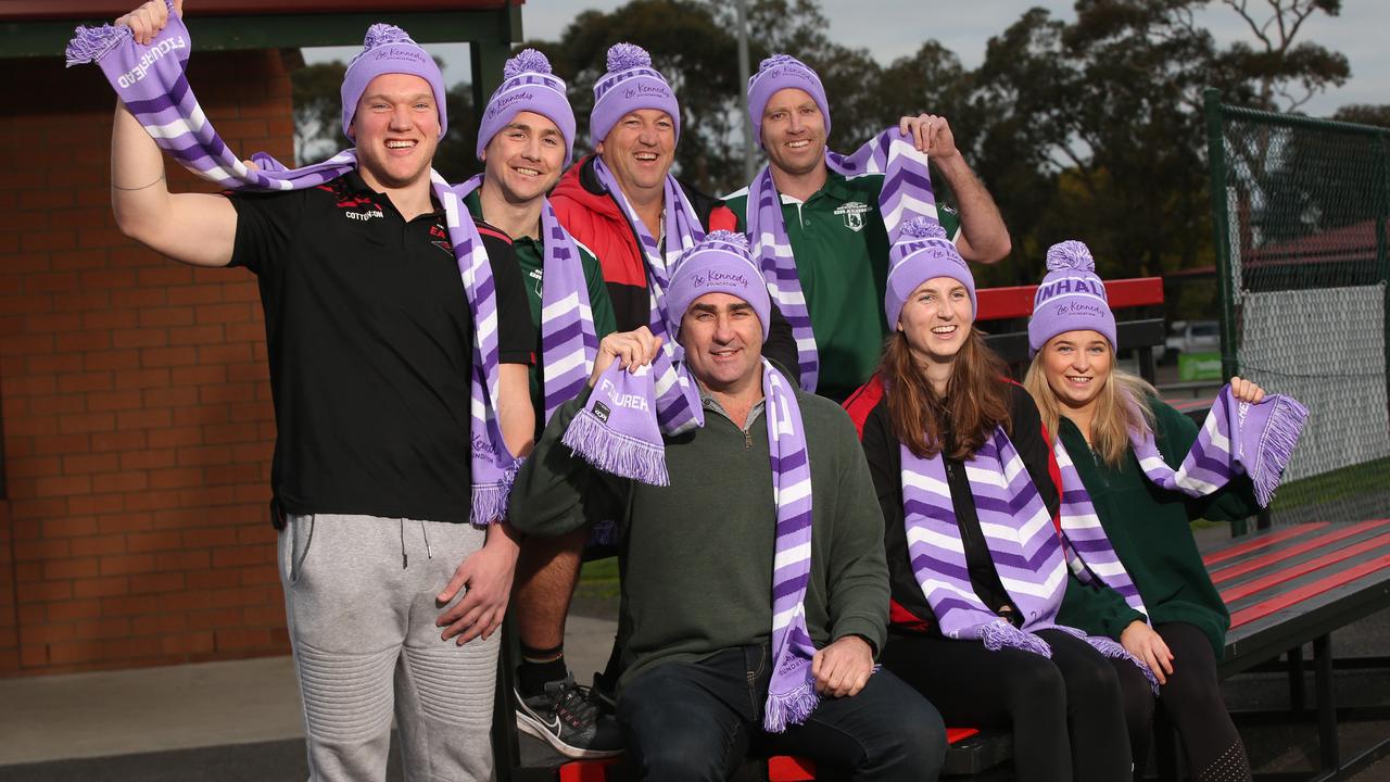 Back row: Cameron Wilkinson of Newtown & Chilwell, Lachie Patten of Bell Park, Damien McMahon of Newtown & Chilwell and James Saker of Bell Park. Front Lachlan Kennedy, Ruby Pekin-Schlicht of Newtown & Chilwell and Alice Williams of Bell Park. Zoe Kennedy Tribute Match. Captains from Newtown & Chilwell and Bell Park will be in attendance, as well as Lach Kennedy. Zoe Kennedy suffered an asthma attack and died in 2020 at 13 years old. She played netball for the Eagles, while her father Lach played football for Bell Park. Picture: Alan Barber