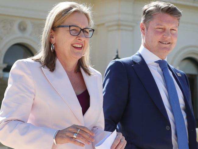 Premier Jacinta Allan and Deputy Premier Ben Carroll hold a press conference after the swearing in ceremony at Government house of the Victorian Ministry. Monday, October 2, 2023. Picture: David Crosling