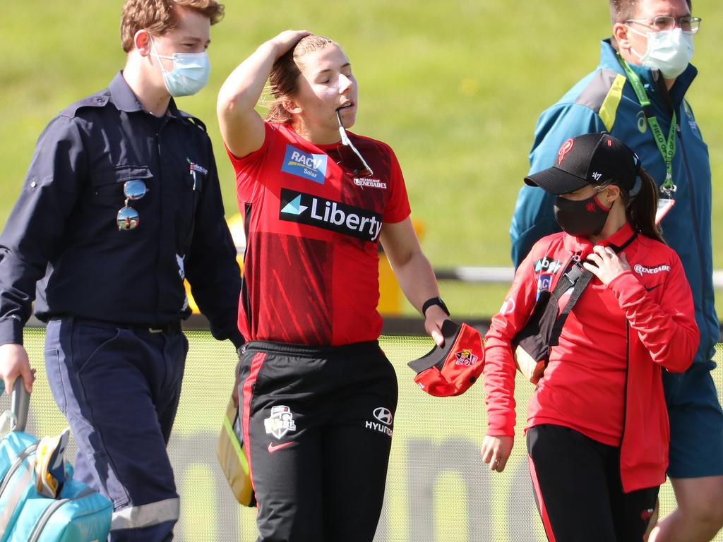 Wareham was assisted from the field during Wednesday’s game. Picture: Sarah Reed/Getty Images