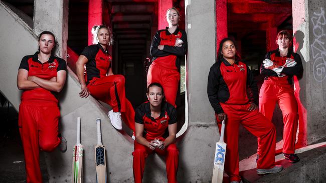 Scorpions players Tahlia McGrath, Bridget Patterson, Megan Schutt, Amanda Wellington (standing) Tabatha Saville and Tegan McPharlin. Picture: Sarah Reed