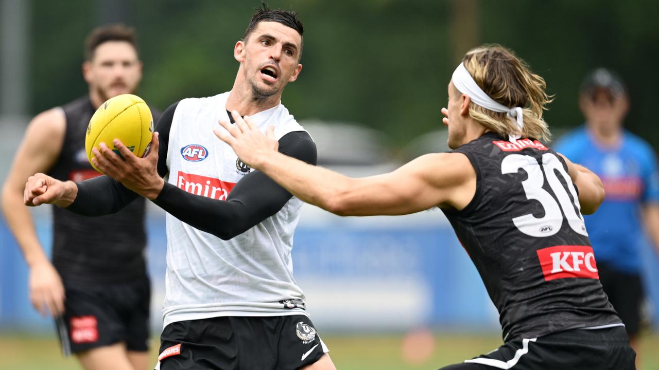 Collingwood great Scott Pendlebury has been running drills as a midfield coach as well as preparing his body for a 20th AFL season. Picture: Quinn Rooney / Getty Images