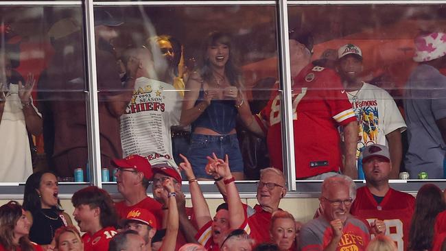 Taylor Swift cheers after Xavier Worthy #1 of the Kansas City Chiefs (not pictured) scored a touchdown against the Baltimore Ravens during the first quarter at GEHA Field at Arrowhead Stadium. Picture: Getty