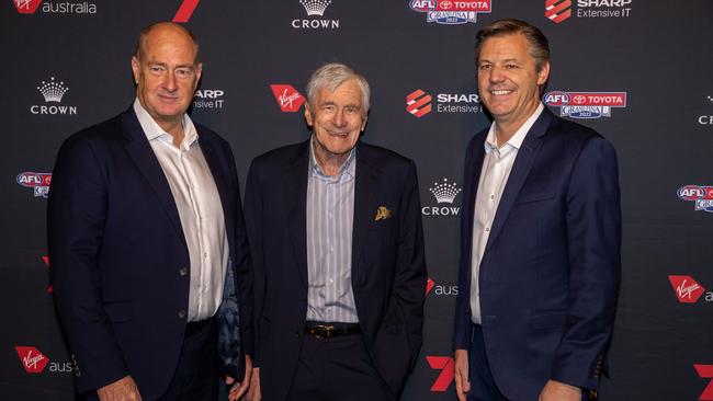 AFL chairman Richard Goyder, Kerry Stokes and James Warburton. Picture: Jason Edwards