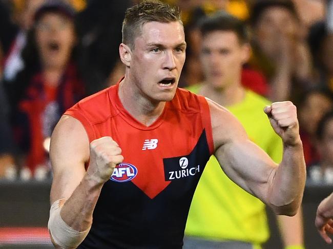 MELBOURNE, AUSTRALIA - SEPTEMBER 14:  Tom McDonald of the Demons celebrates kicking a goal during the AFL Semi Final match between the Hawthorn Hawks and the Melbourne Demons at the Melbourne Cricket Ground on September 14, 2018 in Melbourne, Australia.  (Photo by Quinn Rooney/Getty Images)