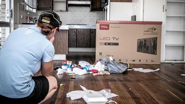 DISGUSTED: Home owner Tannyth Shackell looks on at the Dirty Nappies, rubbish and food scraps left behind by tenants in her Gatton rental property. Picture: Ali Kuchel