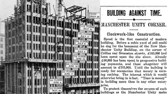 The remarkable building schedule for the Manchester Unity project and, right, a 1932 newspaper article about the speed of construction. Picture: Trove