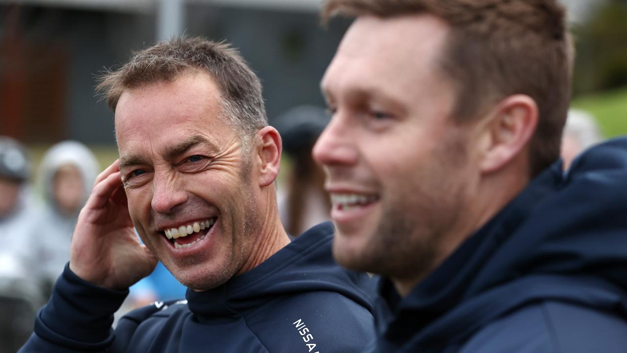 Alastair Clarkson and Sam Mitchell face the media on Friday at Waverley. Picture: Michael Klein