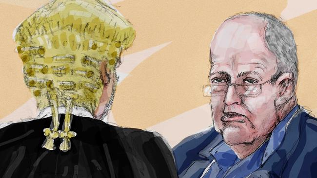 John Chardon answered questions in Brisbane Supreme Court regarding the death of his wife Novy Chardon. 30th August 2019 Brisbane. Courtroom drawing by Richard Gosling