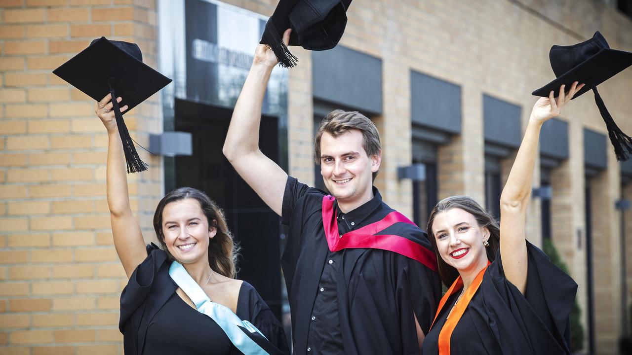 UTAS graduates Lauren Wiggins, Thomas Bailey and Jessica Martin. Picture: CHRIS KIDD