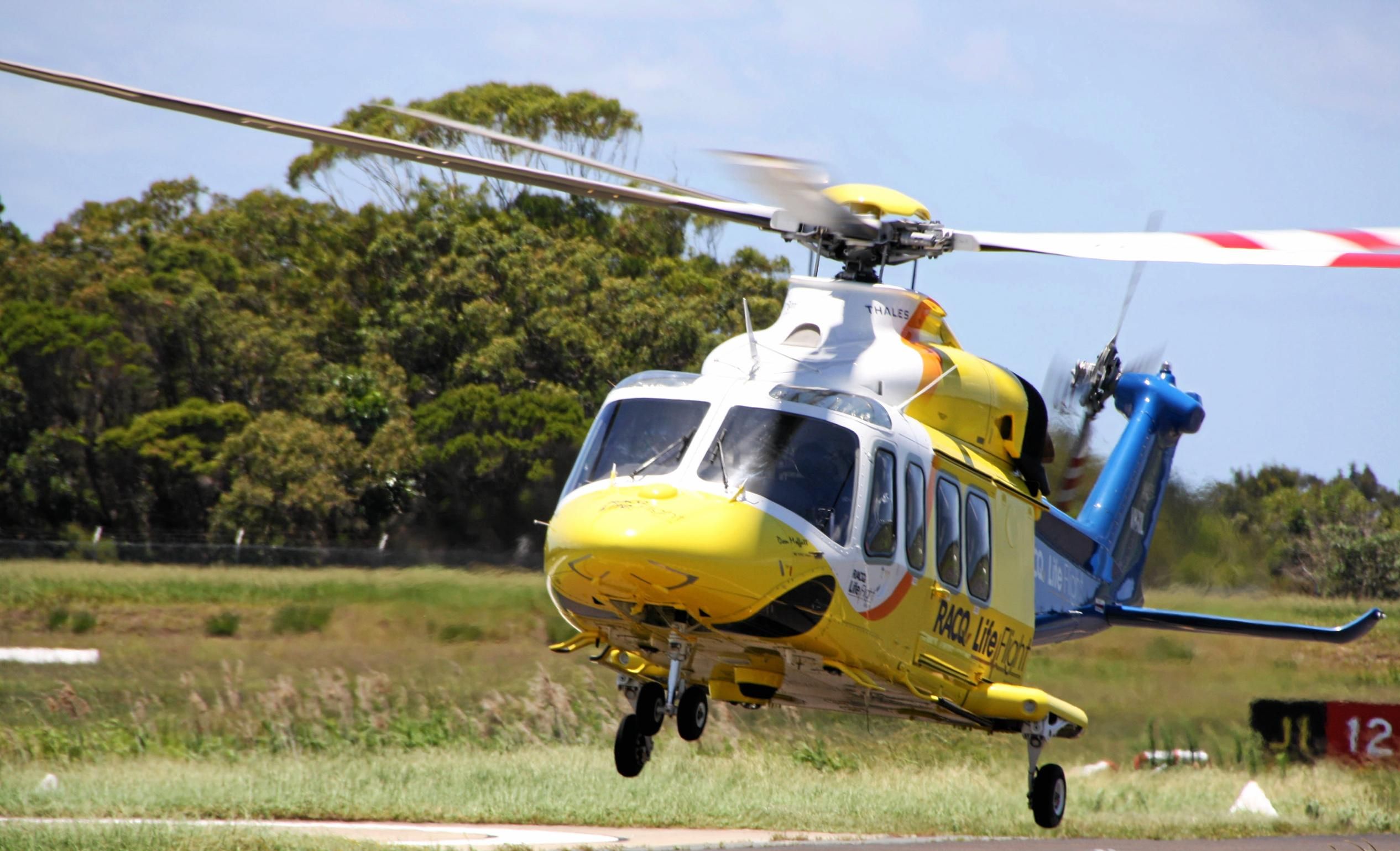 The RACQ LifeFlight AW139 Rescue Helicopter returns to Sunshine Coast Airport after an emergency medical flight from Gympie to Sunshine Coast University Hospital. Picture: Erle Levey