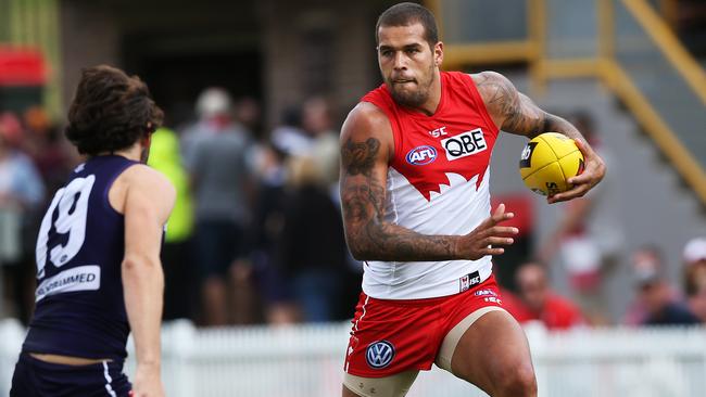 Lance Franklin in full flight during the NAB Challenge. Picture: Phil Hillyard