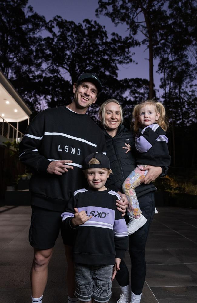 Jason Daniel, the CEO of LSKD with wife Ally and children Hendrix, 5, and Freya, 2, at home in Daisy Hill. Picture: David Kelly