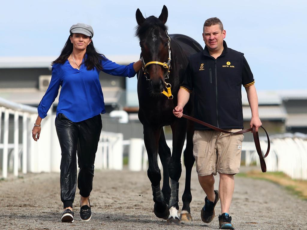 Trainers Trent Busuttin and Natalie Young with Mirage Dancer. Aaron Francis/The Australian