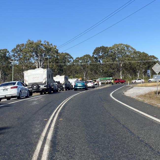 Traffic is banked up after a serious two-vehicle crash at the intersection of Tannum Sands Rd and the Bruce Highway, at Benaraby, closed the highway in both directions. Picture: Larah Fedalto