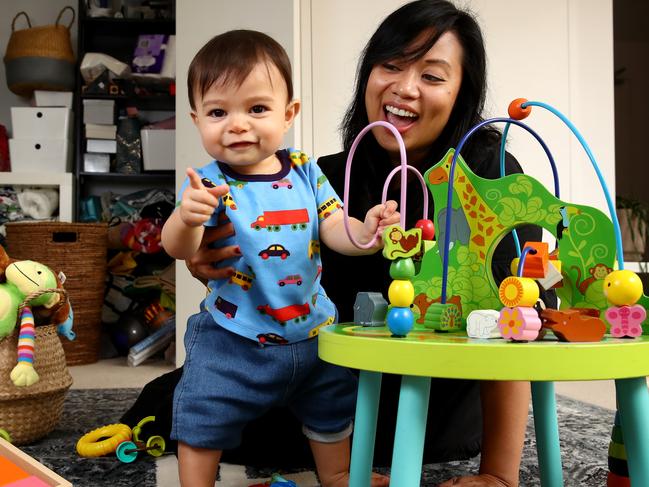 Furniture giant IKEA are recruiting an army of 'tidiers' who will be sent to homes of those looking for help at how to reduce clutter and better use storage spaces. Dulwich Hill mum Jessamine Avila with 10-month-old son Carter at home. Picture: Toby Zerna