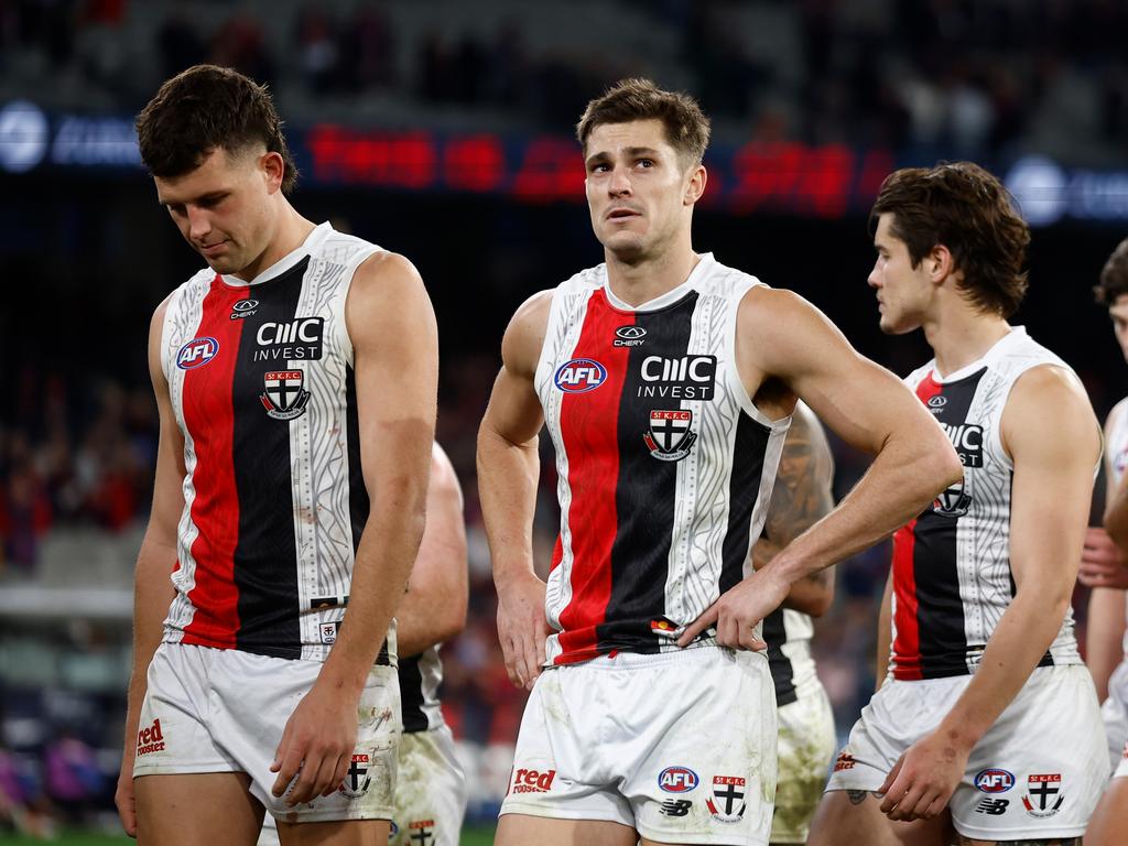 Rowan Marshall (left) and Jack Steele (centre) look dejected after Sunday’s loss. Picture: Michael Willson/AFL Photos via Getty Images.